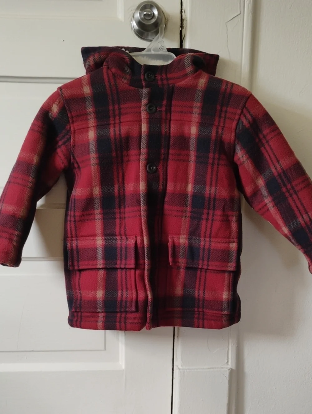 GAP Red and Black Plaid Hooded Pea Coat Heavy With Sheepskin Look Lining Sz 5T